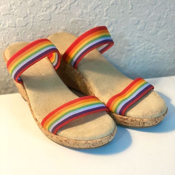 Apostrophe cork Wedge Sandals with Rainbow Elastic Straps Size 6M - Picture 2 of 10